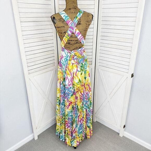 Milly Oria Waves of Zerbra Pleated Halter Maxi Dress Yellow Pink Multi Size 4 - Picture 6 of 15